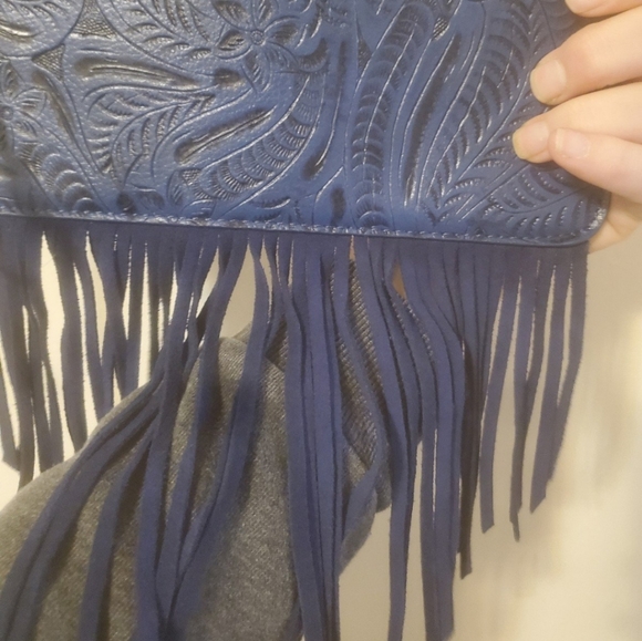 Free People Blue Embossed Fringe Bag. - Picture 8 of 14